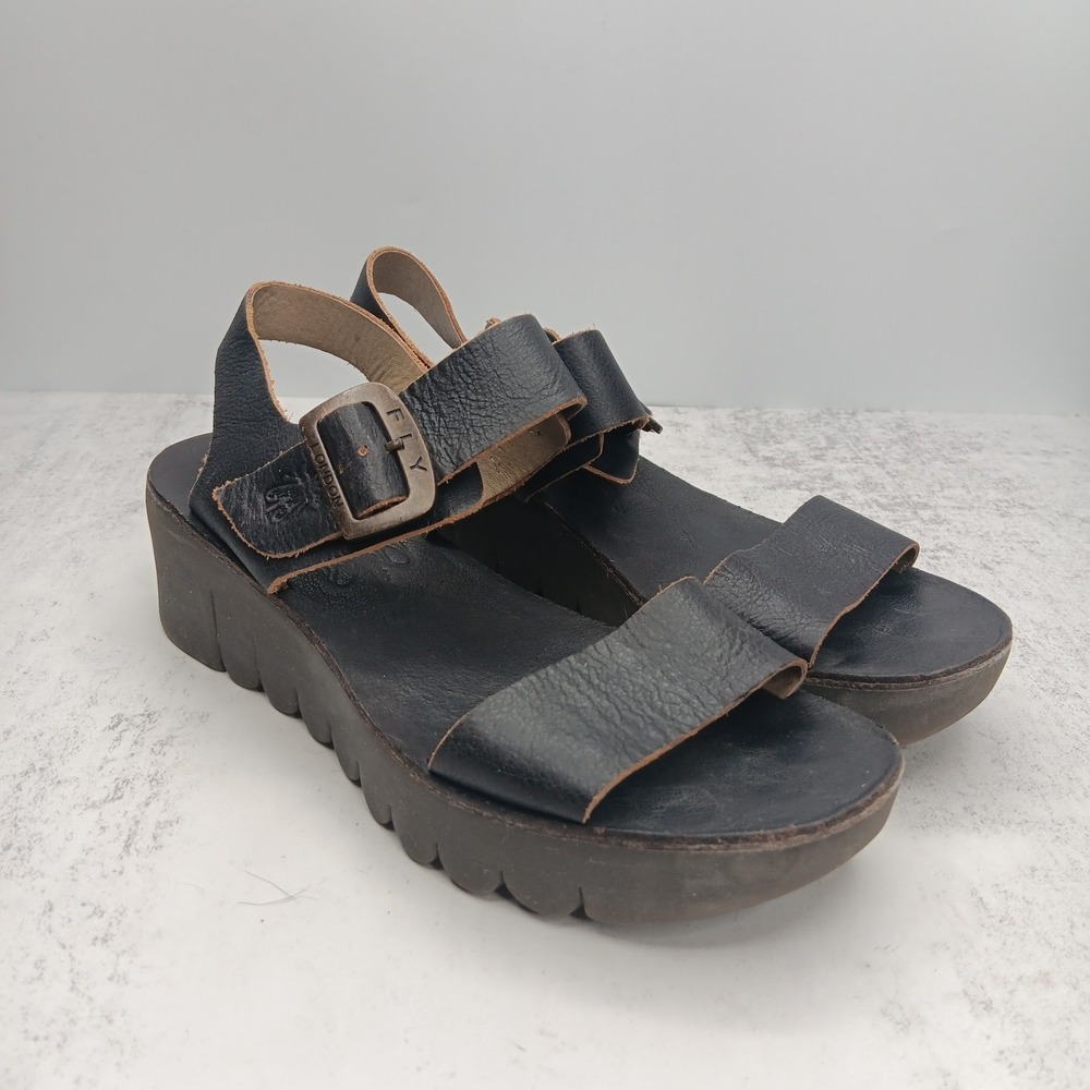 Fly London Black Leather Platform Sandals